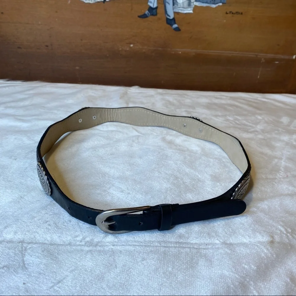 Black Faux Leather and Silver Embossed Medallions Wave Shaped Belt Size Small